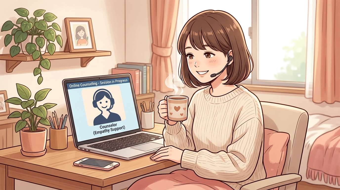 カウンセラーとオンラインで無料カウンセリングを受ける女性の様子