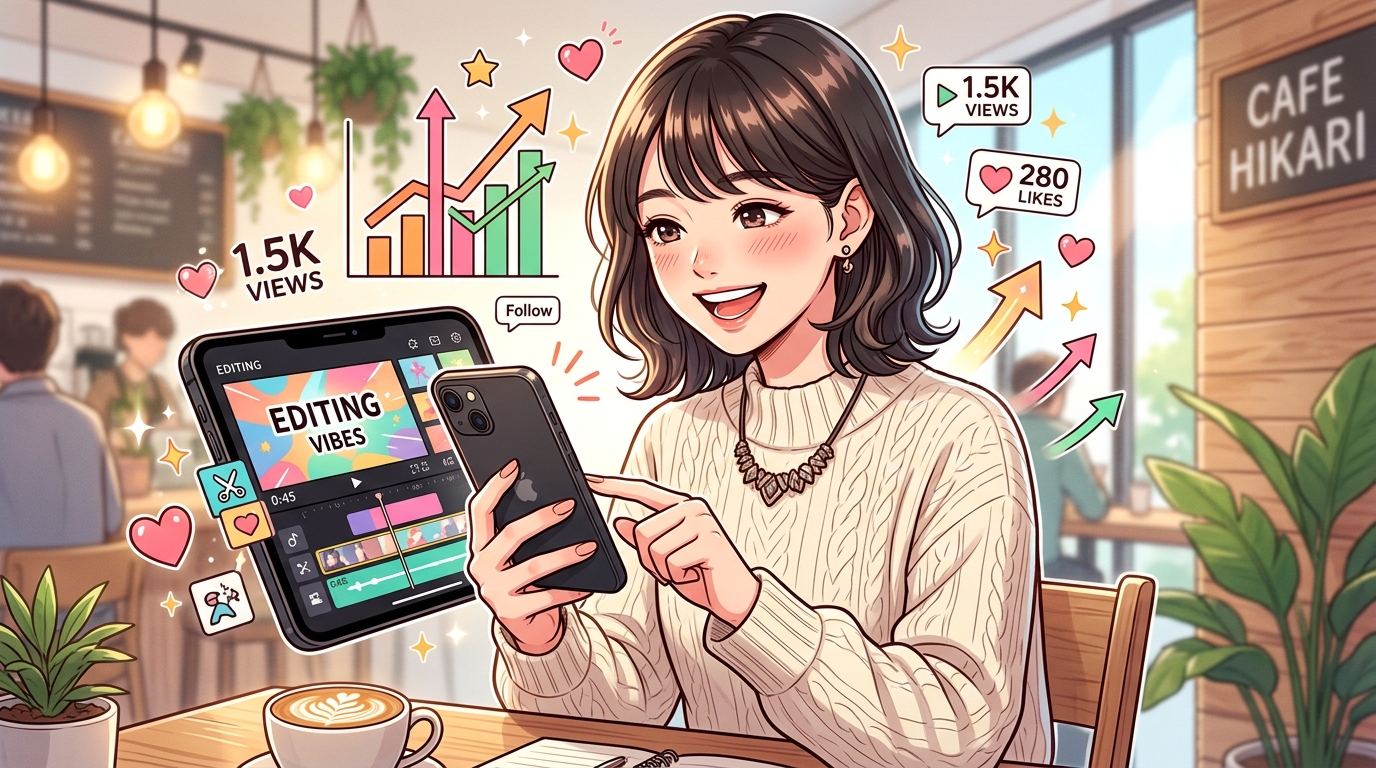 Instagramリール動画の編集とSNS運用の成果をイメージする女性