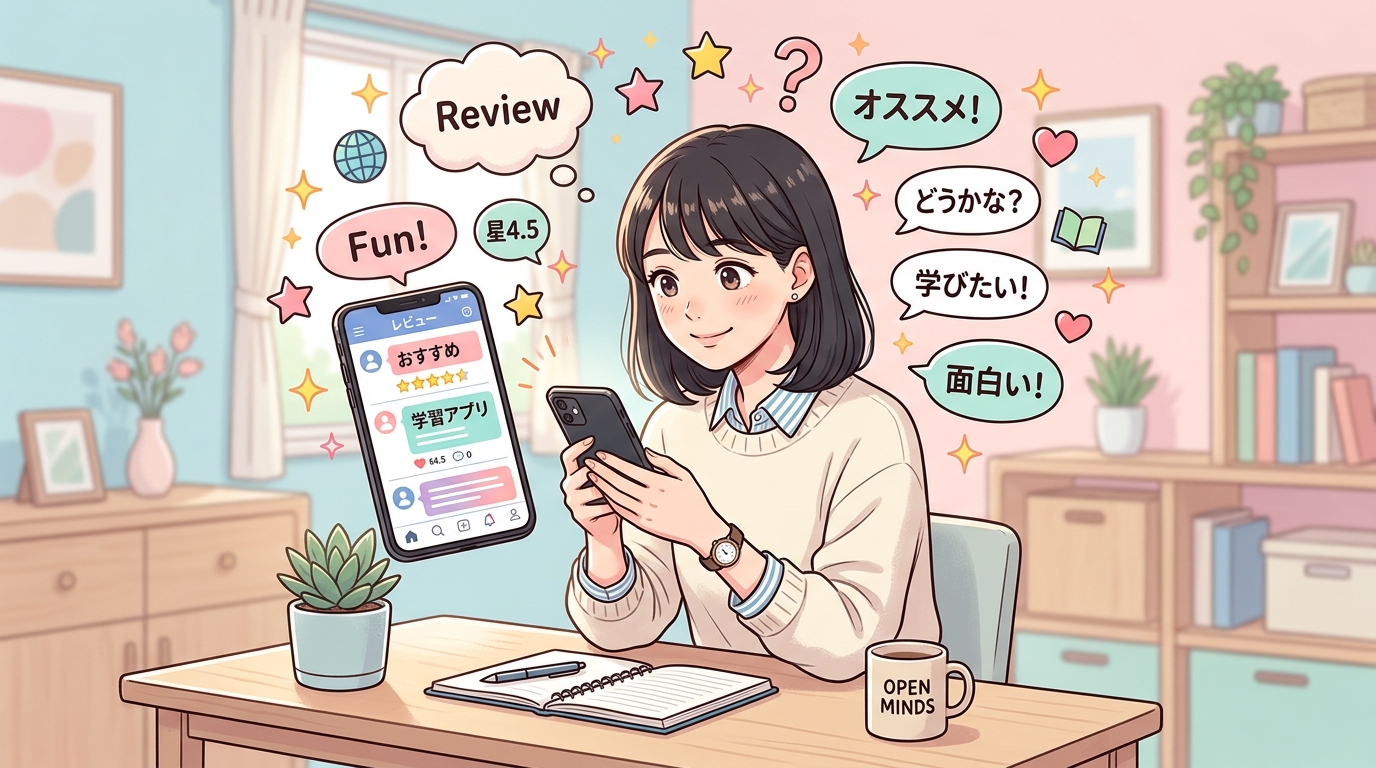 スマートフォンの口コミや評価レビューをチェックする女性