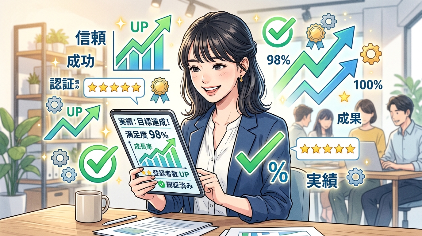 高い信頼性と満足度98%を誇るSNS集客スクールの実績イメージ