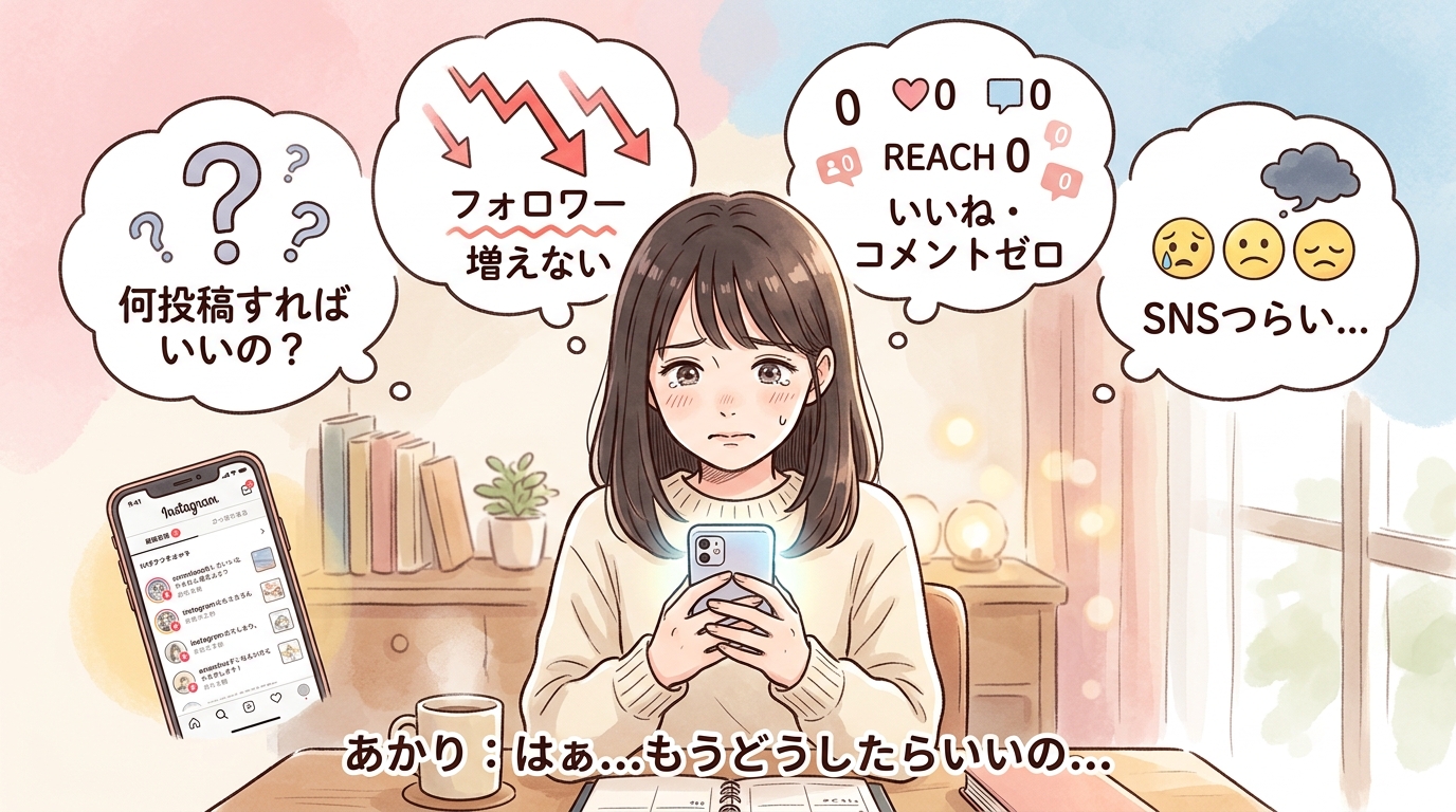 Instagramのフォロワーが伸びず、投稿内容や反応ゼロの状態に深く悩む女性の様子